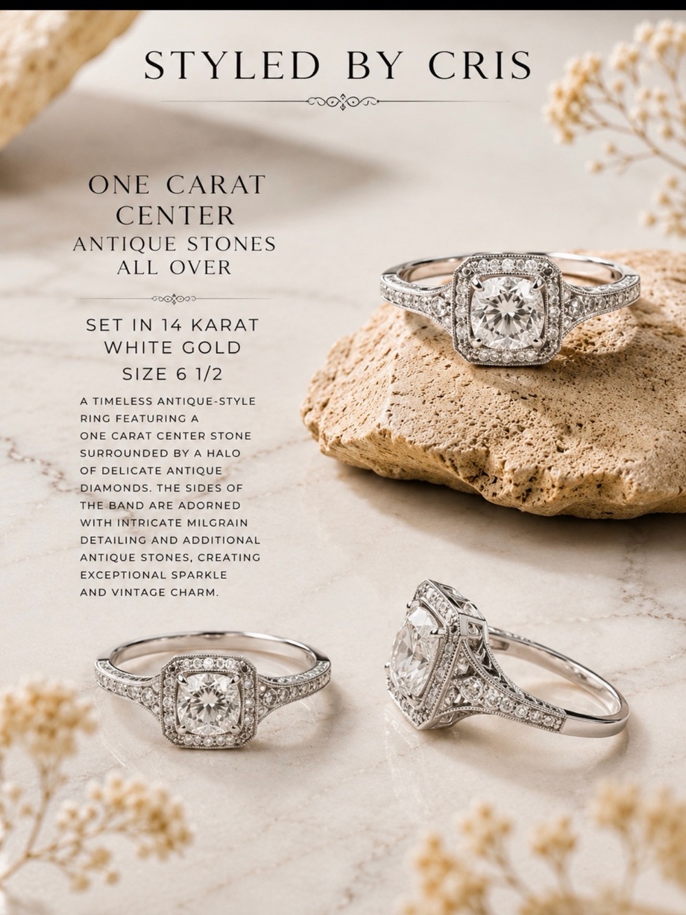 Stunning white gold 14 Karat Center one carat diamond with a Halo voyage look